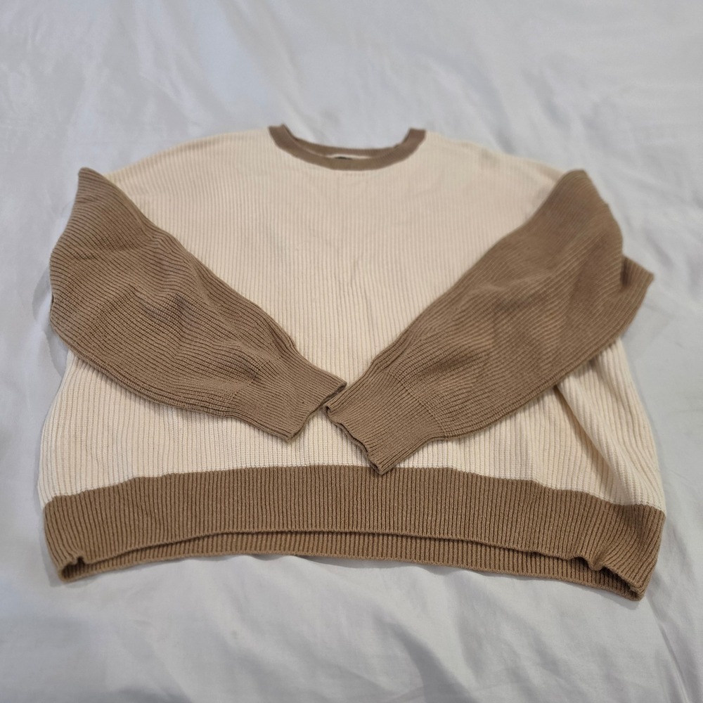 Express Sweater Womens Medium Cream Brown Excellent Colorblock Ribbed EX006388